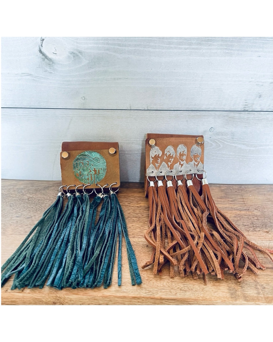 Tan Leather Cuff Bracelet with Metallic Teal Tassels and "Here Comes the Sun" Engraving #beatles