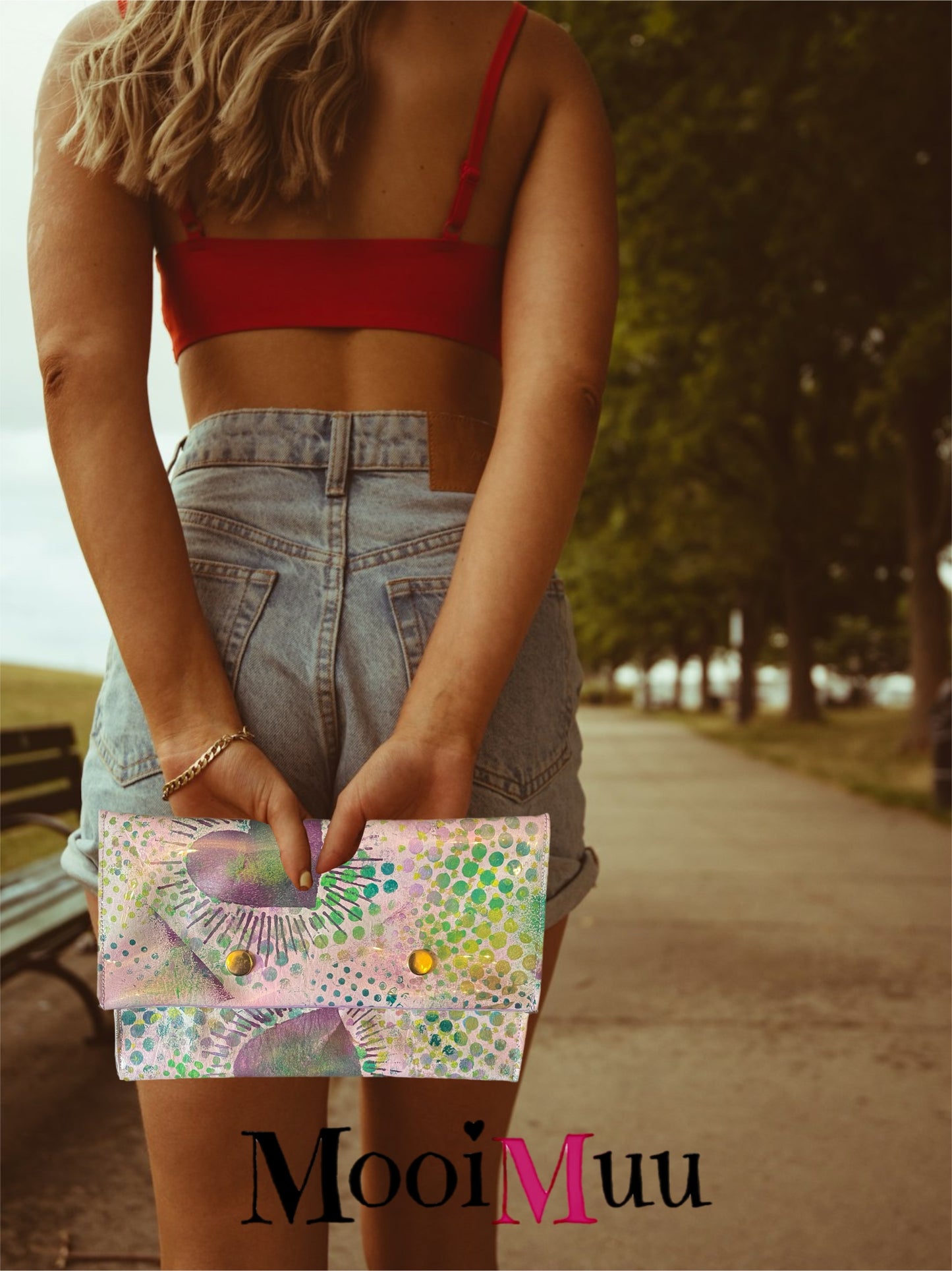 Hand-Painted vibrant Abstract Clutch Bag with Love Hearts and Polka Dots