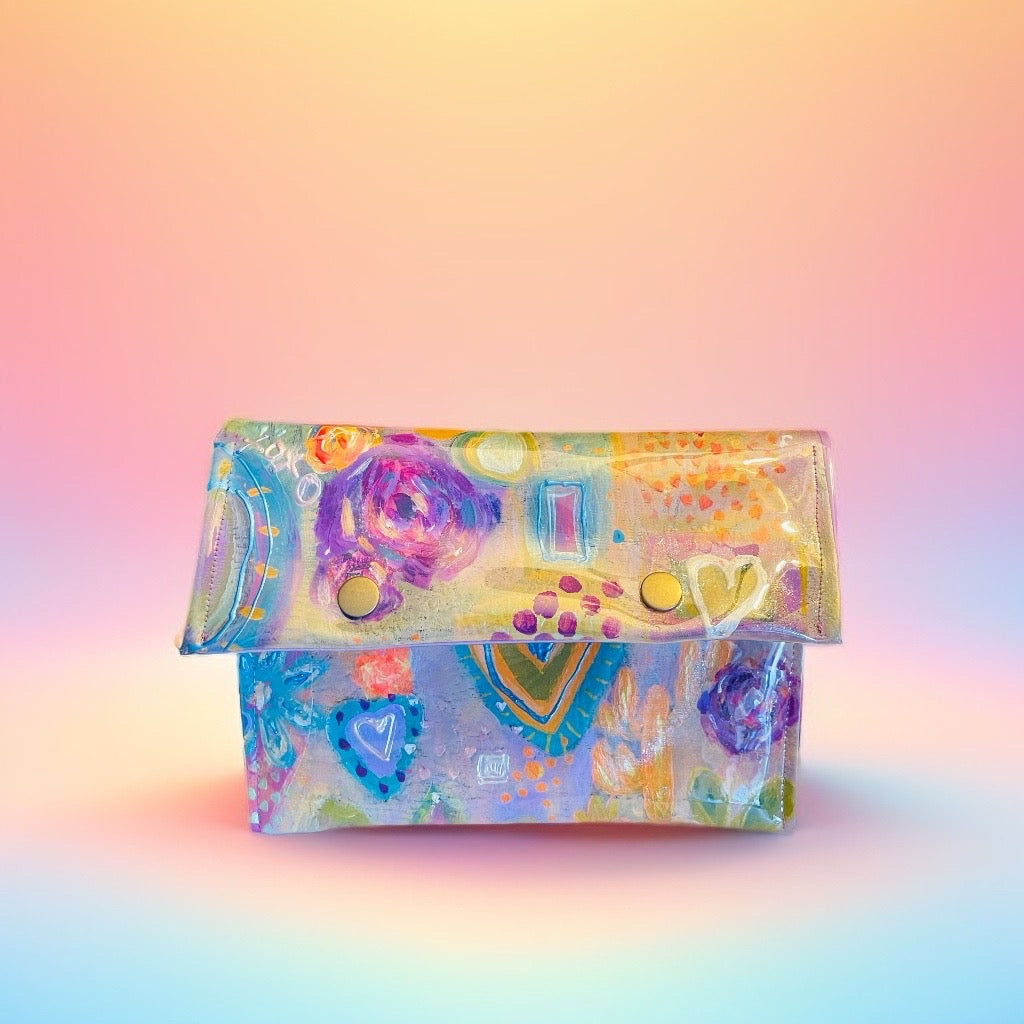 Hand-Painted Pastel Abstract Clutch Bag with Love Hearts and Polka Dots