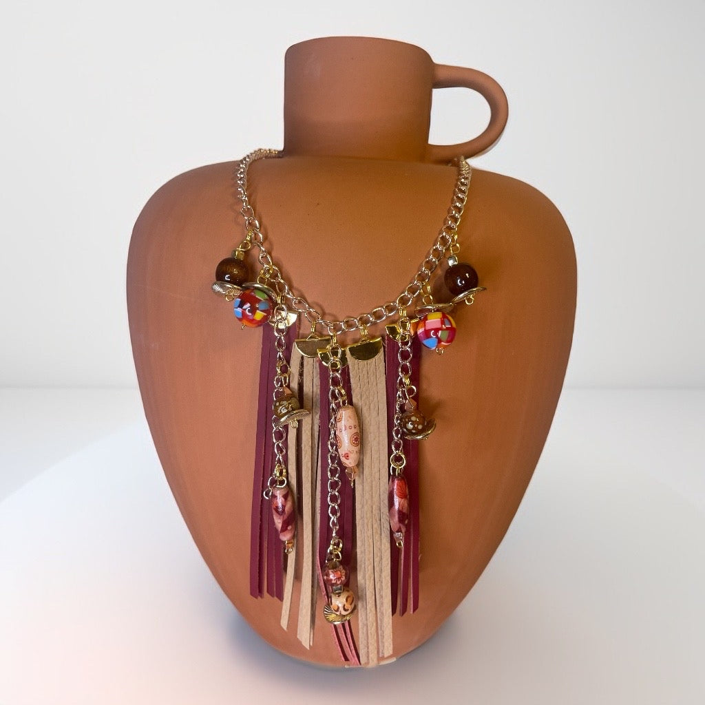 Boho Chic Tassel Necklace - Silver Plated Chain with Red and Cream Leather Tassels, Chains, and Boho Beads