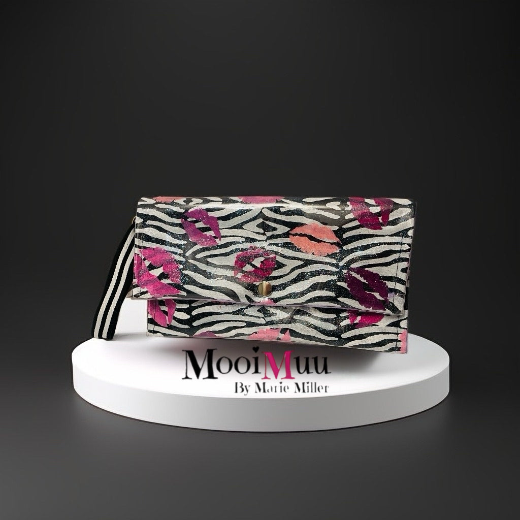 Hand-Painted Zebra Print Clutch Bag with Pink Lips