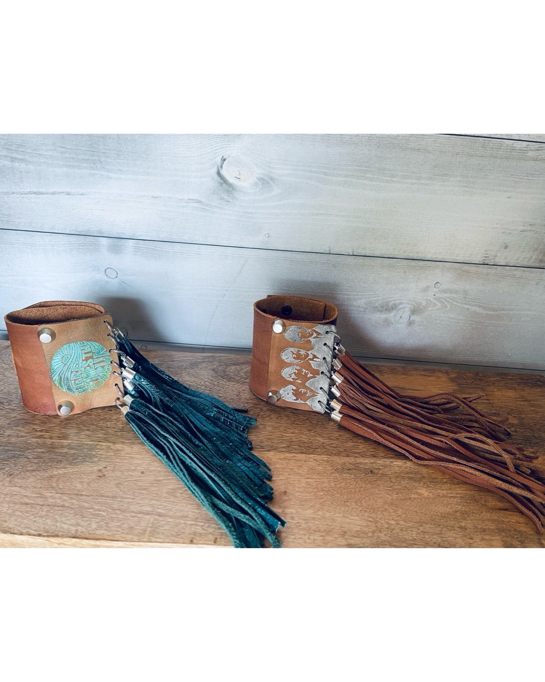 Tan Leather Cuff Bracelet with Metallic Teal Tassels and "Here Comes the Sun" Engraving #beatles