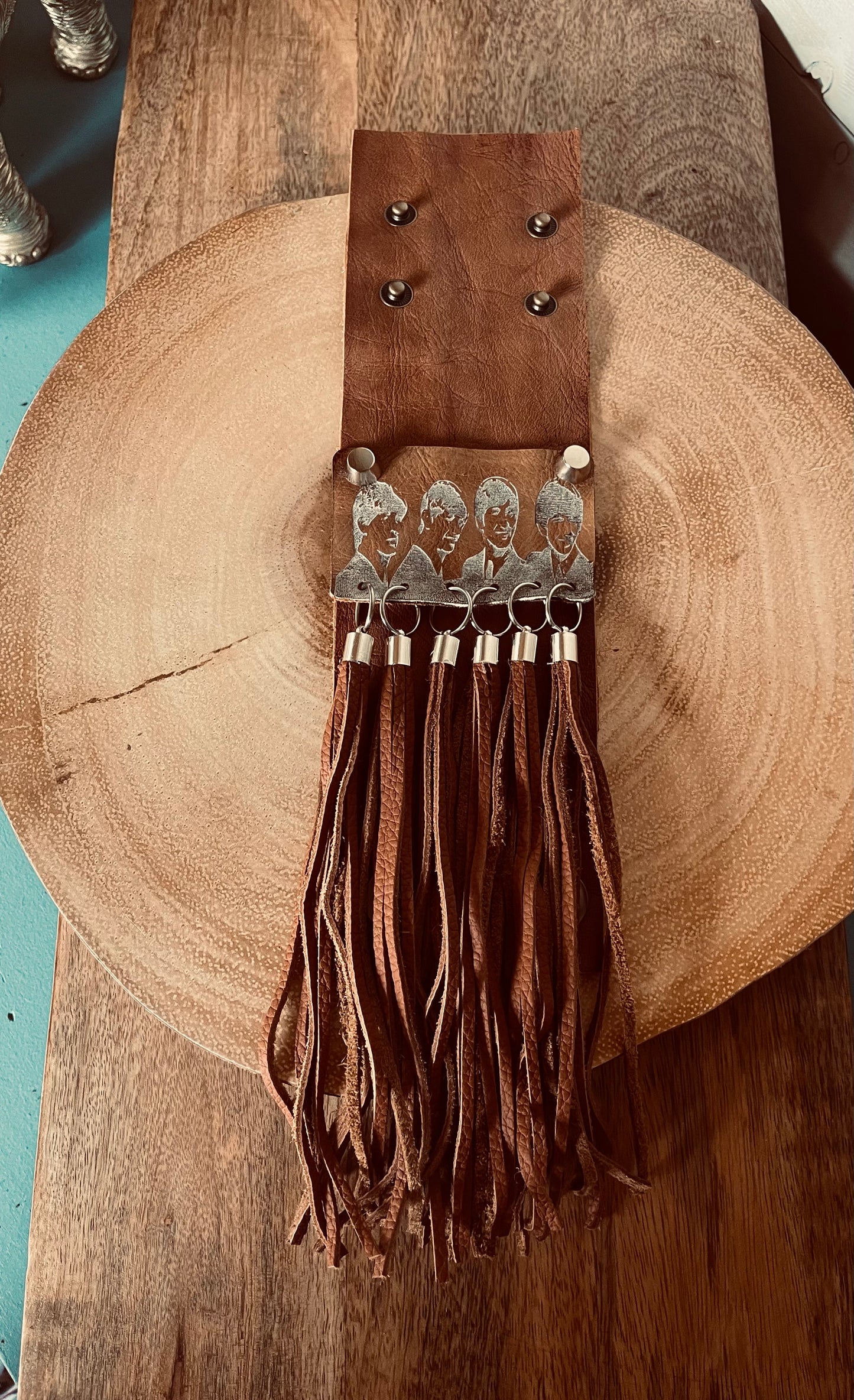 Handmade Leather Cuff Bracelet with Tassels and Handpainted Beatles Engraving