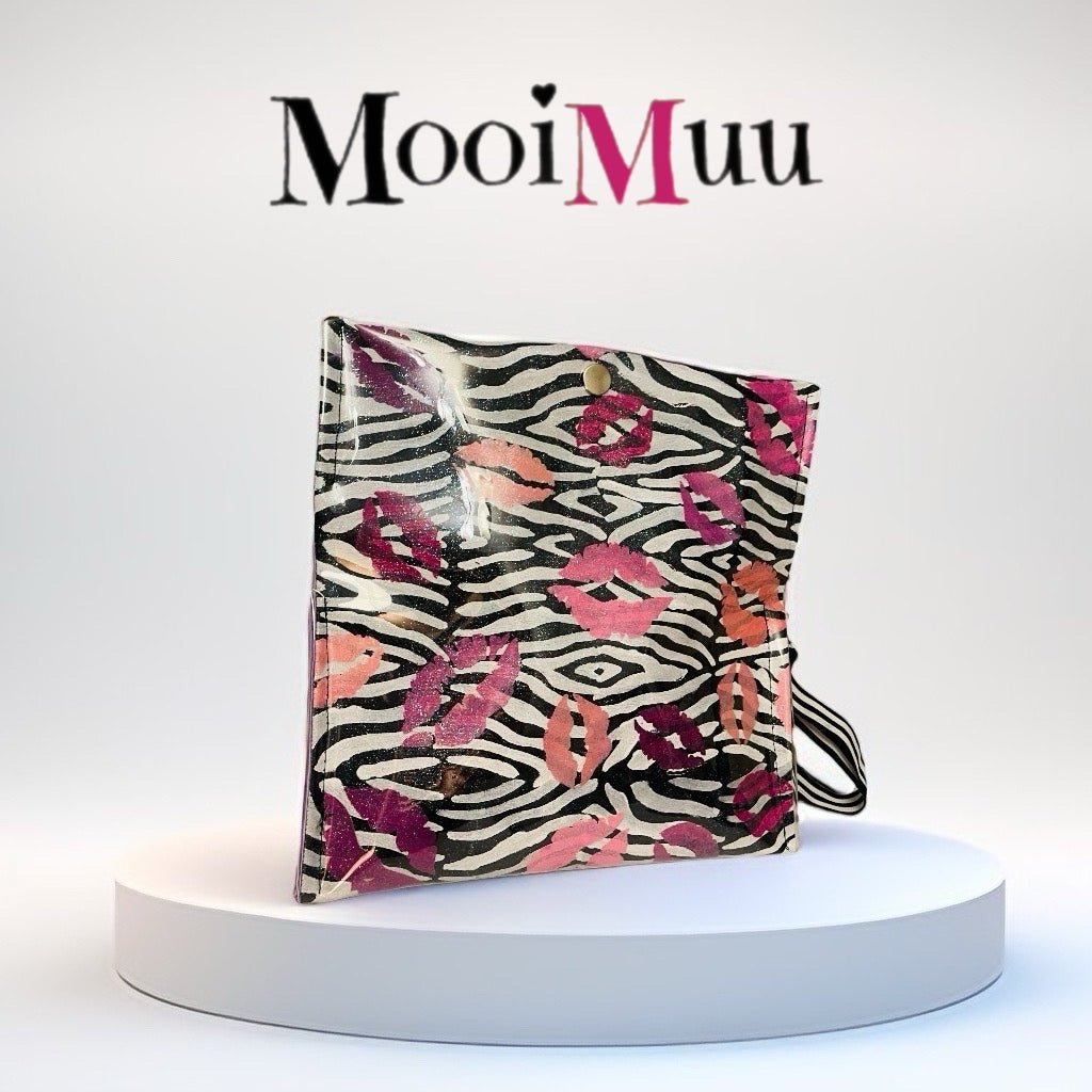 Hand-Painted Zebra Print Clutch Bag with Pink Lips