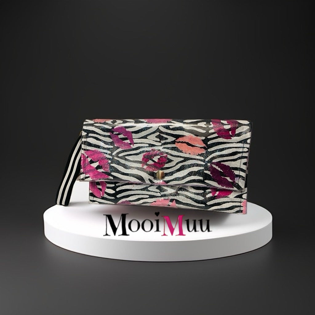 Hand-Painted Zebra Print Clutch Bag with Pink Lips