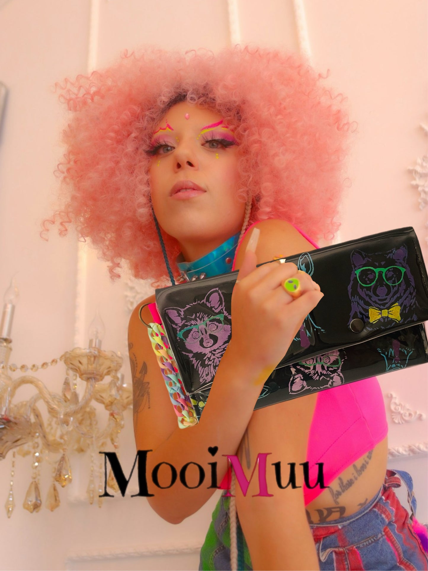 Hand-Painted Black Clutch Bag with Animal Heads in Spectacles