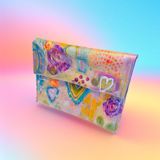 Hand-Painted Pastel Abstract Clutch Bag with Love Hearts and Polka Dots