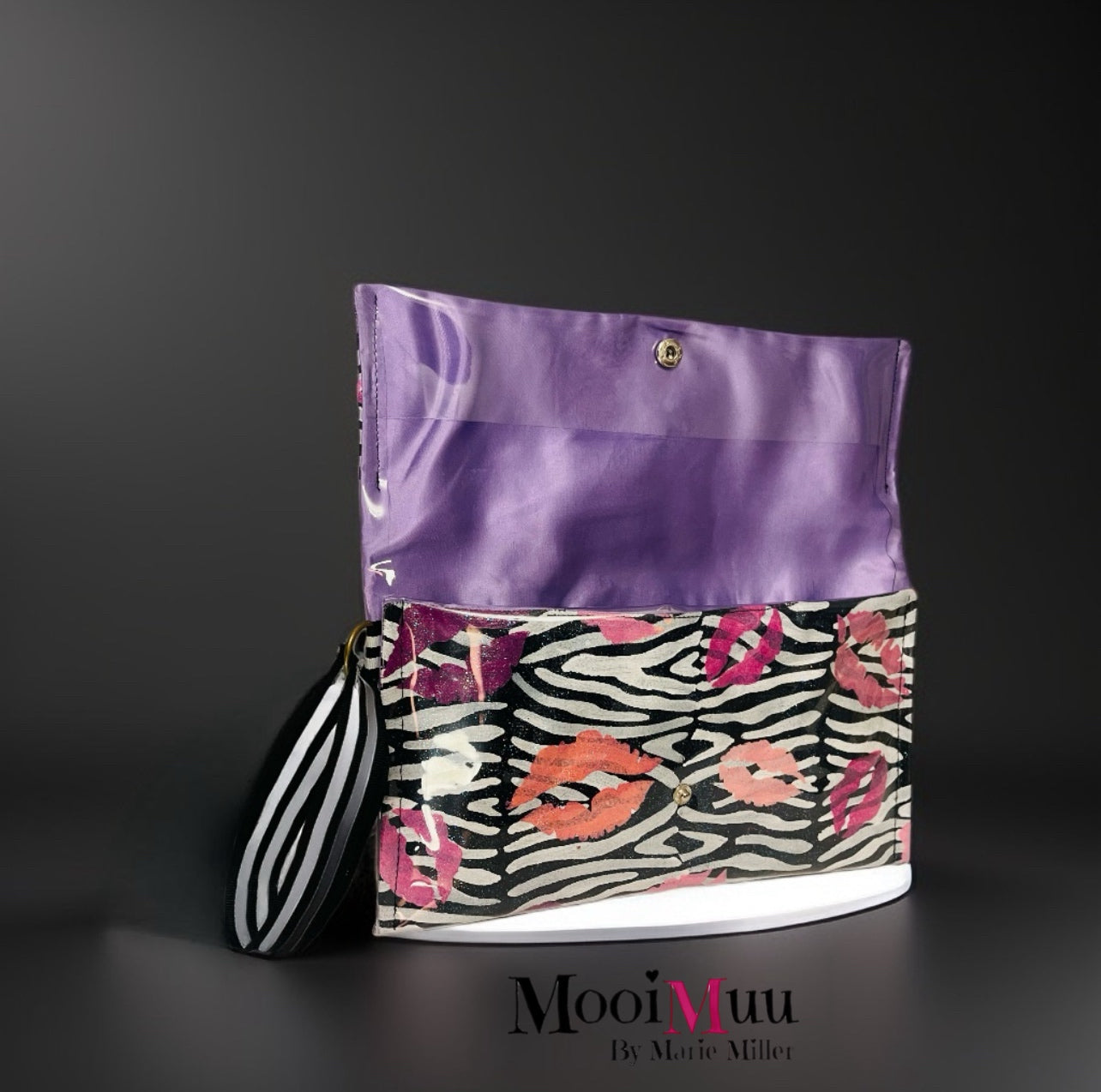 Hand-Painted Zebra Print Clutch Bag with Pink Lips