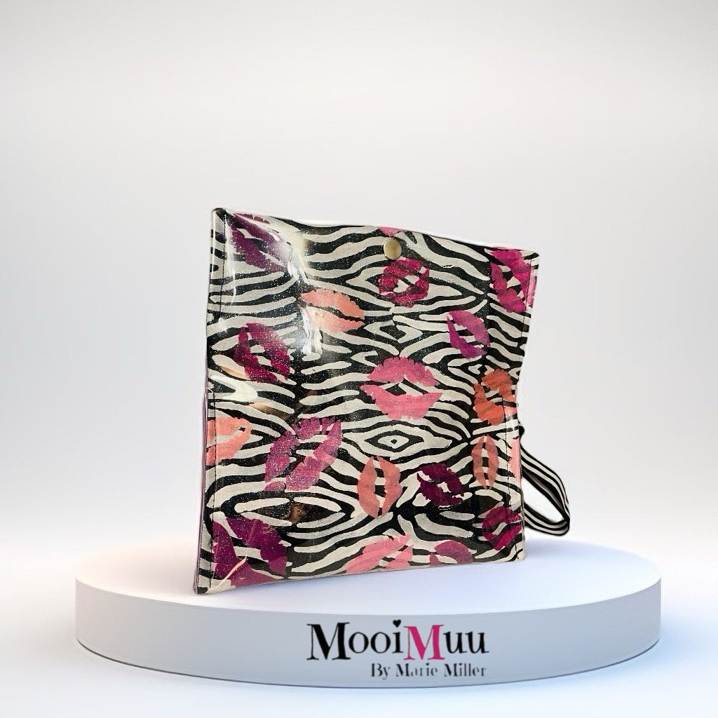 Hand-Painted Zebra Print Clutch Bag with Pink Lips