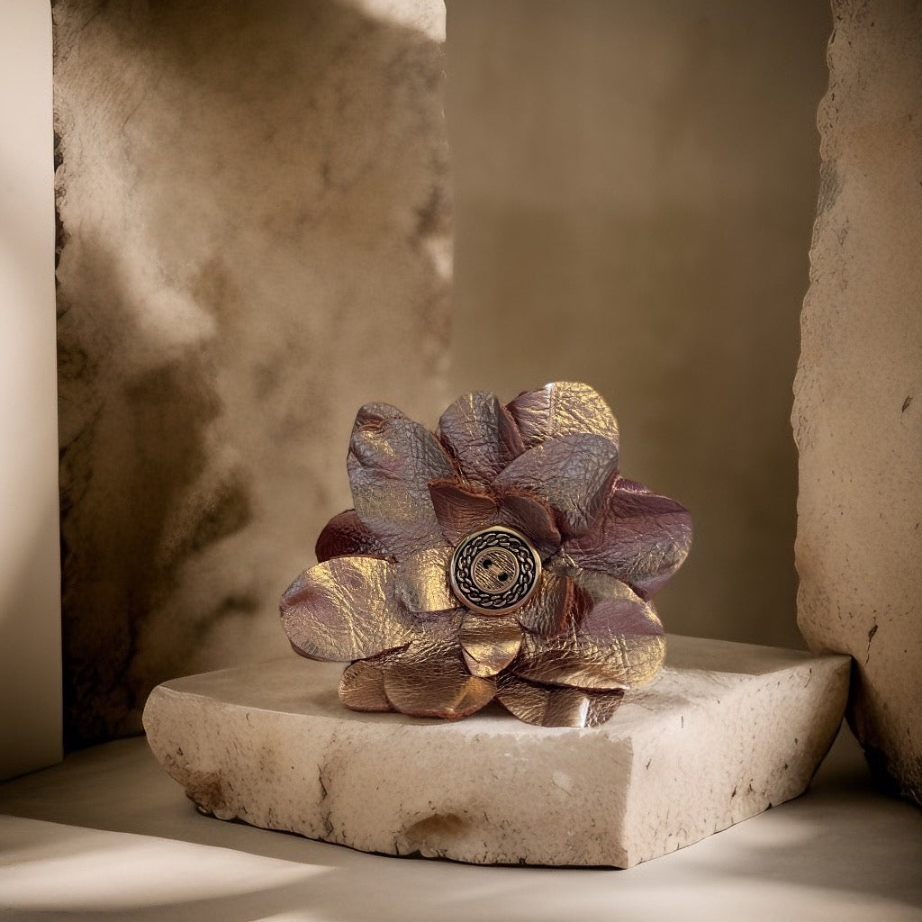 Golden Blossom: Handcrafted Crackle Tan and Gold Metallic Flower Cuff Bracelet