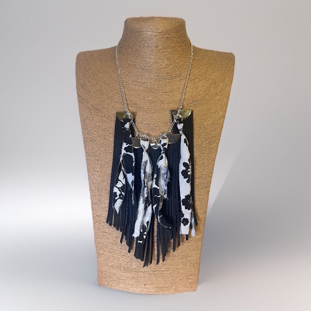 Rustic Charm Tassel Necklace - Silver Plated Chain with Leather Tassels and Floral Accents