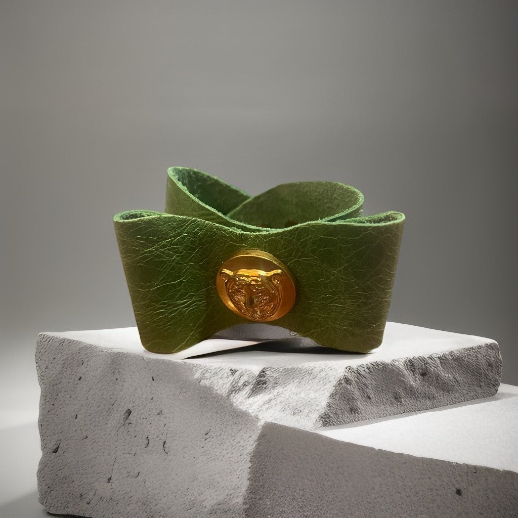 Wildcat Charm: Handmade Green Leather Bow Cuff Bracelet with Gold Wildcat Button