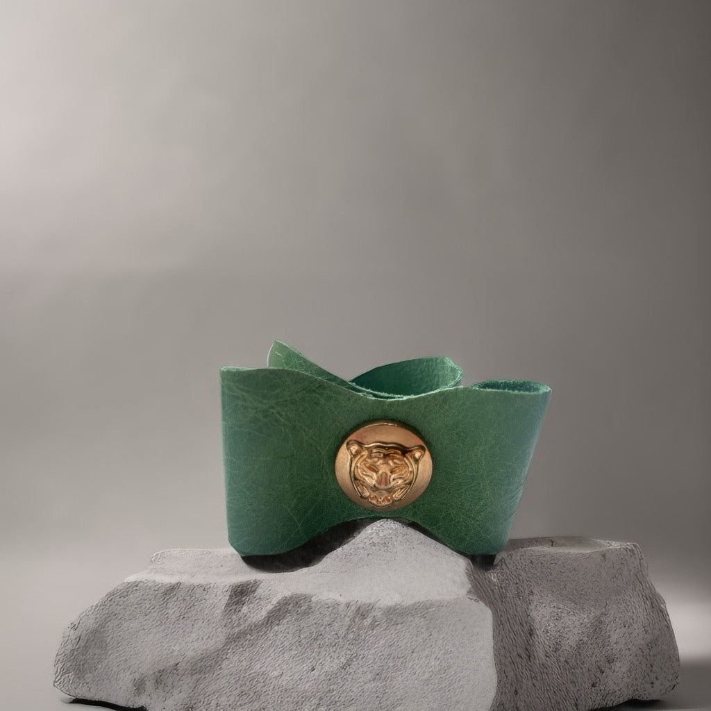 Wildcat Charm: Handmade Green Leather Bow Cuff Bracelet with Gold Wildcat Button