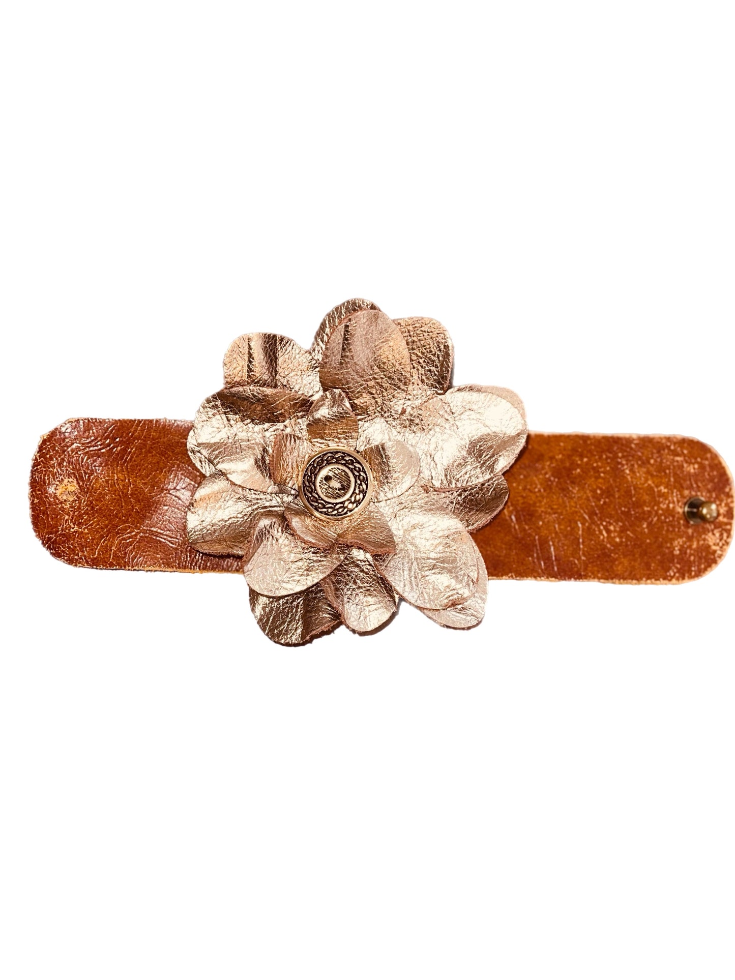 Golden Blossom: Handcrafted Crackle Tan and Gold Metallic Flower Cuff Bracelet