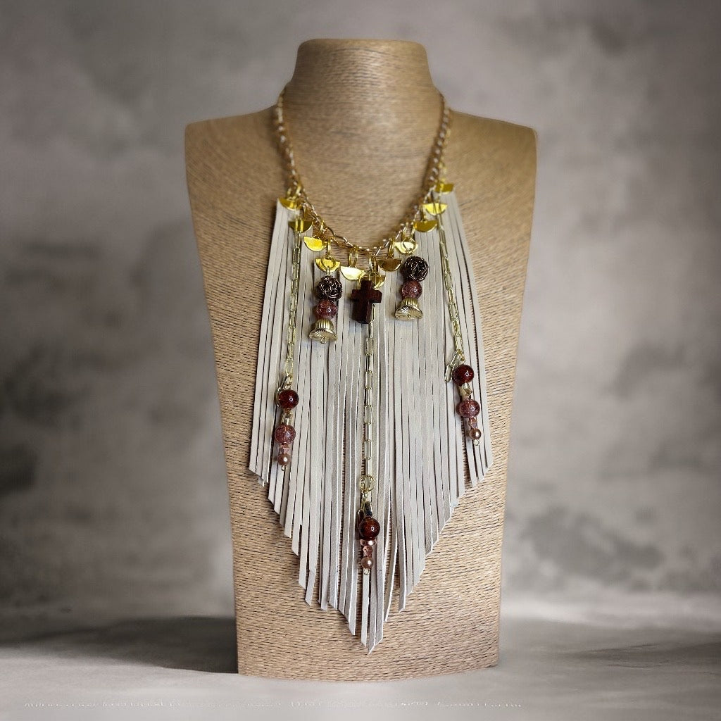 Boho Bliss: Beige Leather Tassel Necklace