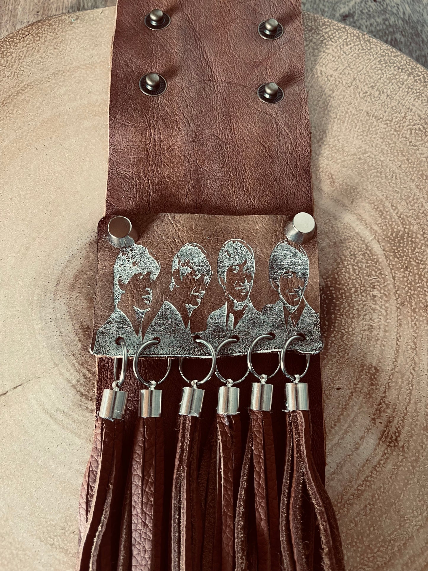 Handmade Leather Cuff Bracelet with Tassels and Handpainted Beatles Engraving