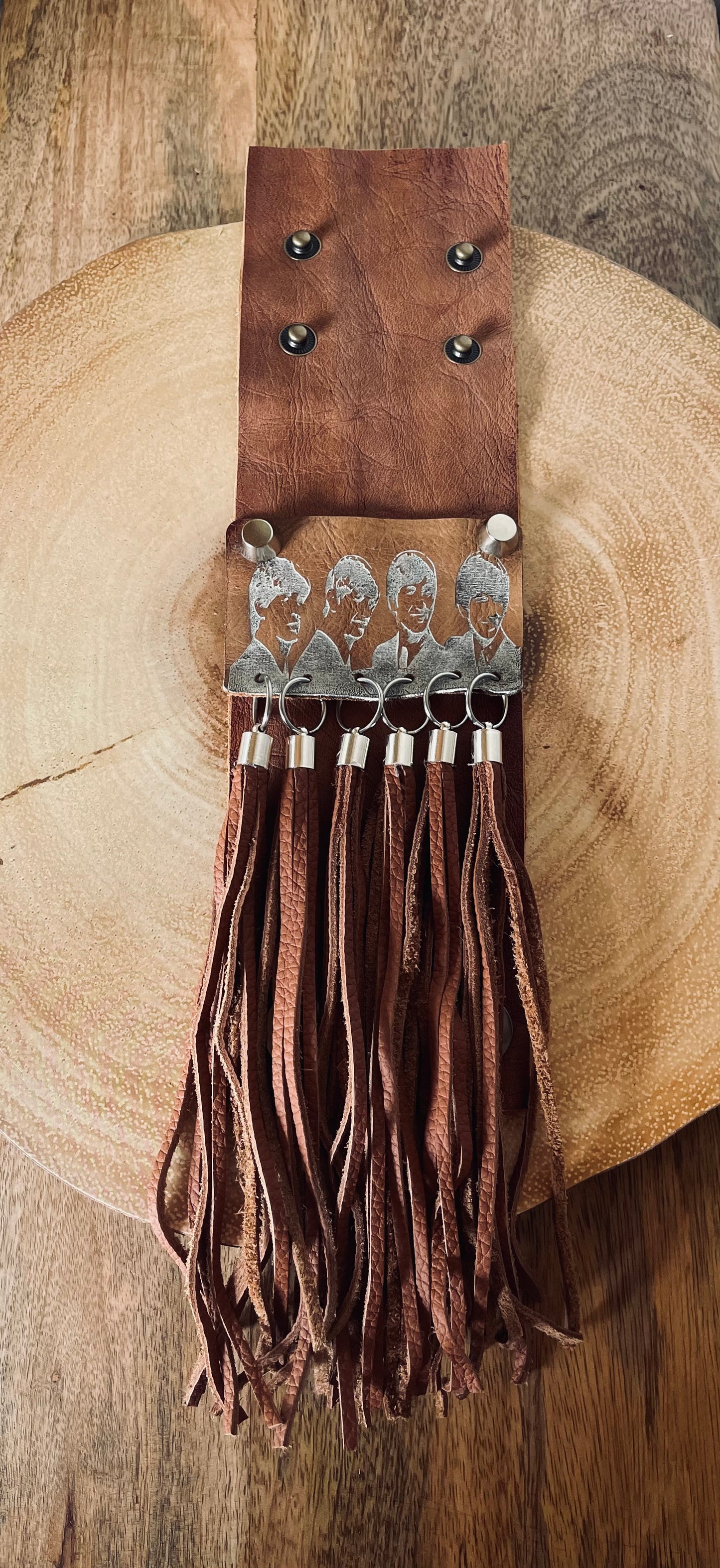 Handmade Leather Cuff Bracelet with Tassels and Handpainted Beatles Engraving