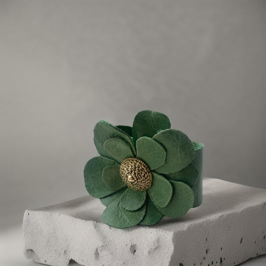 Handcrafted Green Leather Flower statement Cuff Bracelet