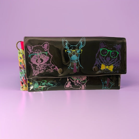 Hand-Painted Black Clutch Bag with Animal Heads in Spectacles