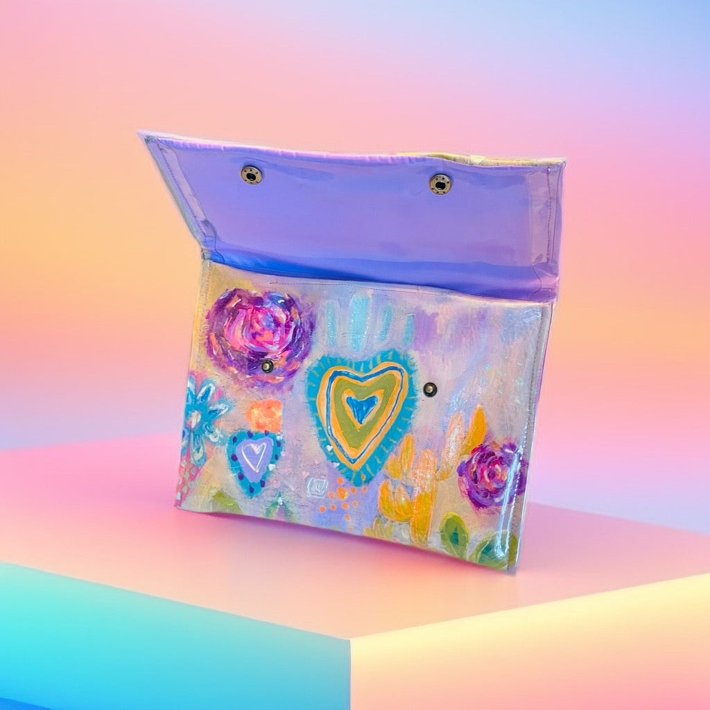 Hand-Painted Pastel Abstract Clutch Bag with Love Hearts and Polka Dots