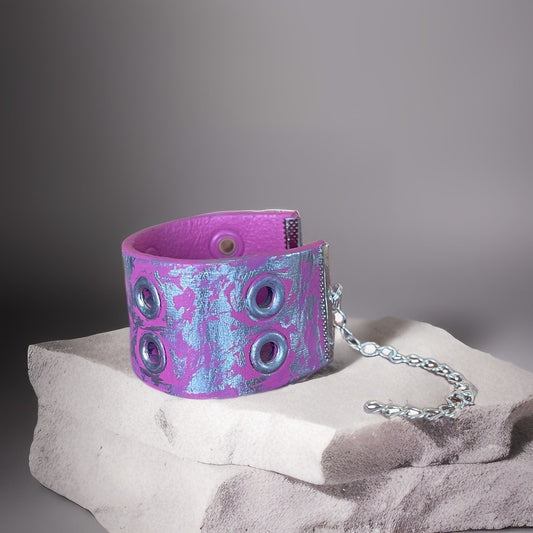 Pink Radiance: Upcycled Metallic Cuff Bracelet with Silver Leaf Accents