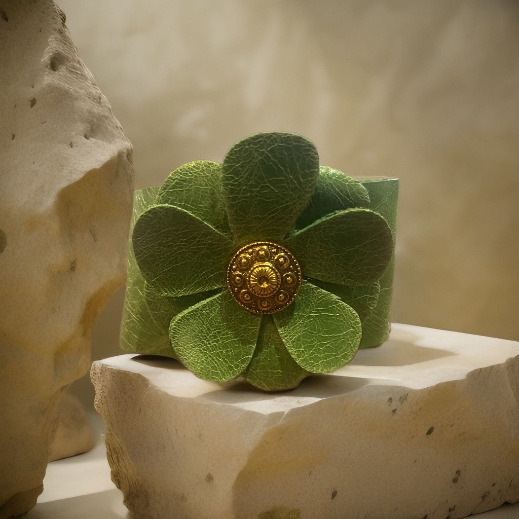 Green Leather Flower Cuff Bracelet with Gold Button Detail.