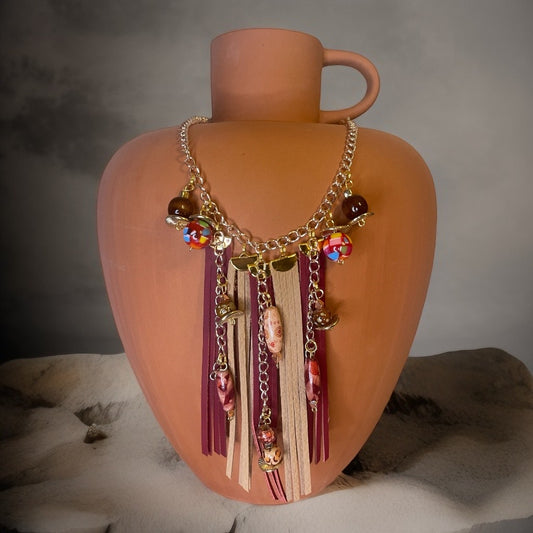 Boho Chic Tassel Necklace - Silver Plated Chain with Red and Cream Leather Tassels, Chains, and Boho Beads