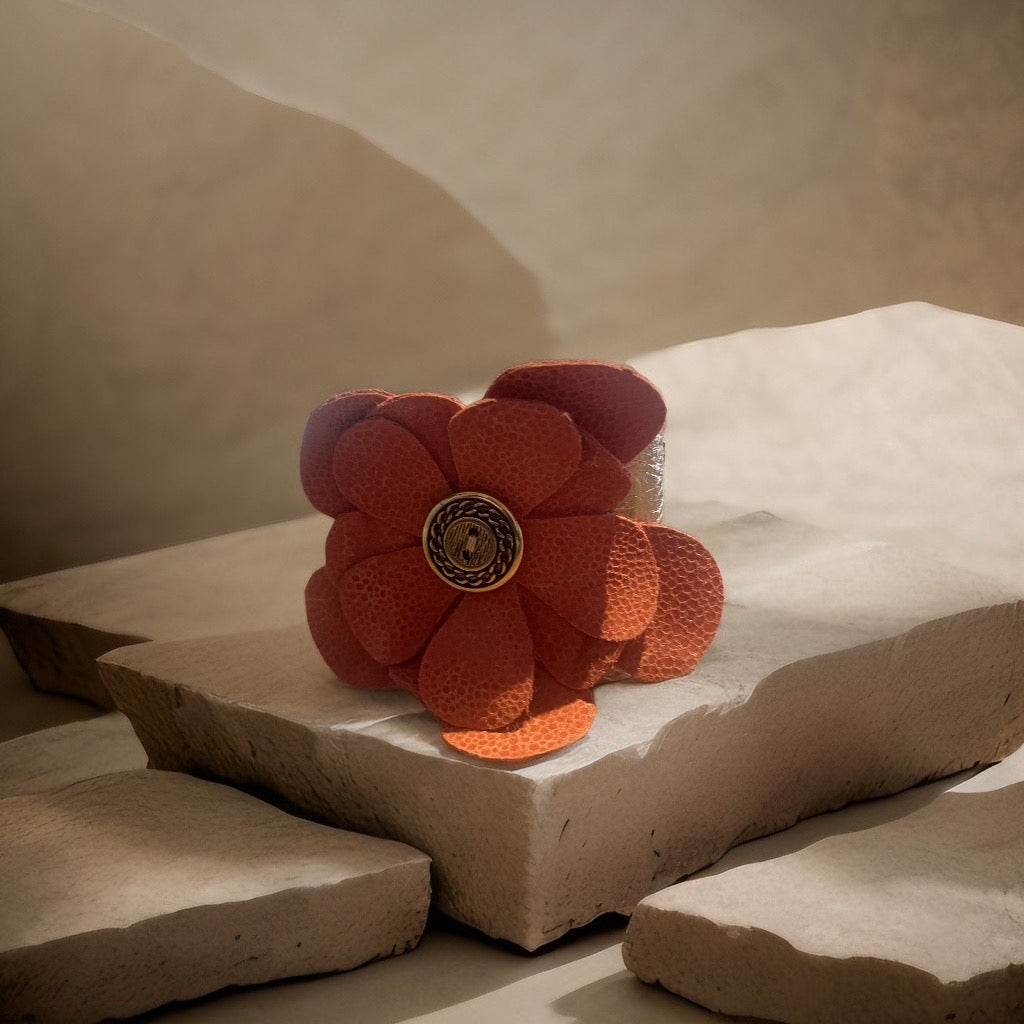 Golden Shimmer: Handmade Metallic Gold Leather Flower Cuff Bracelet