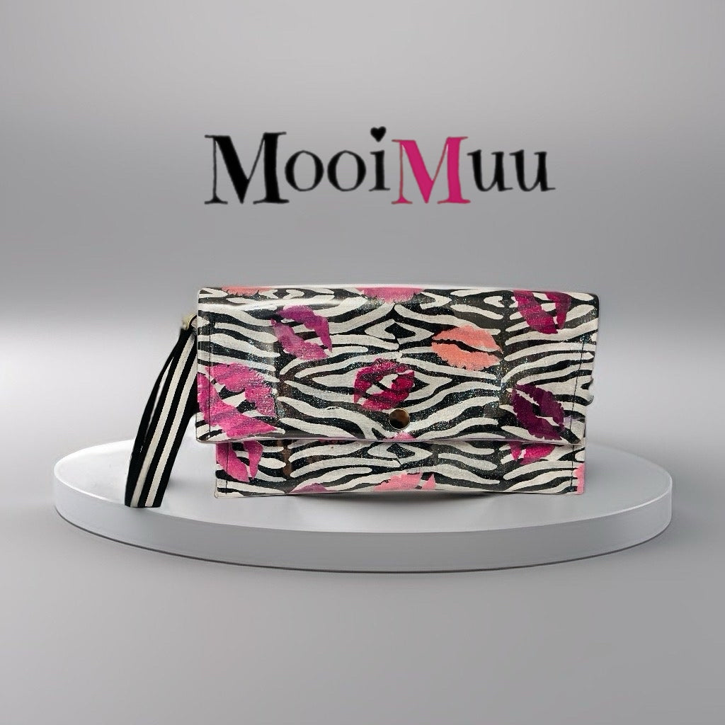 Hand-Painted Zebra Print Clutch Bag with Pink Lips