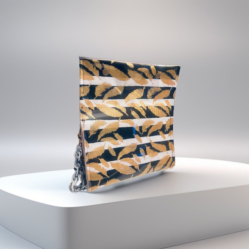 Hand-Painted Black and White Stripe Clutch Bag with Gold Leaves