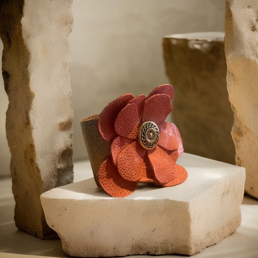 Golden Shimmer: Handmade Metallic Gold Leather Flower Cuff Bracelet