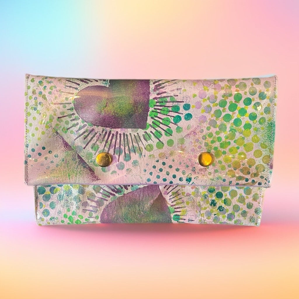 Hand-Painted vibrant Abstract Clutch Bag with Love Hearts and Polka Dots