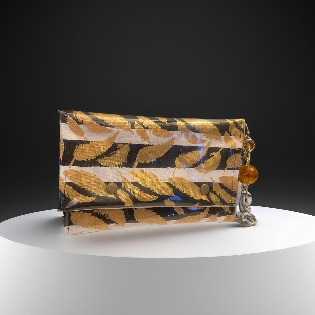 Hand-Painted Black and White Stripe Clutch Bag with Gold Leaves