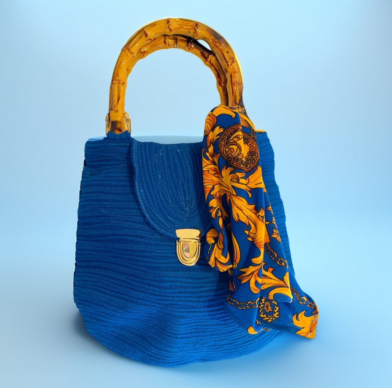 Handmade Blue T-Shirt Yarn Handbag with Bamboo Handles & Paisley Lining