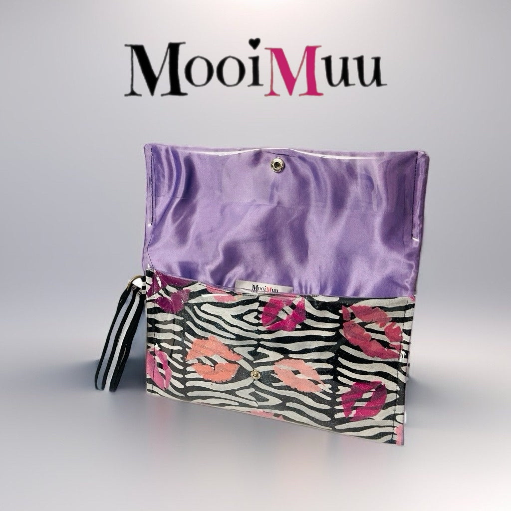 Hand-Painted Zebra Print Clutch Bag with Pink Lips