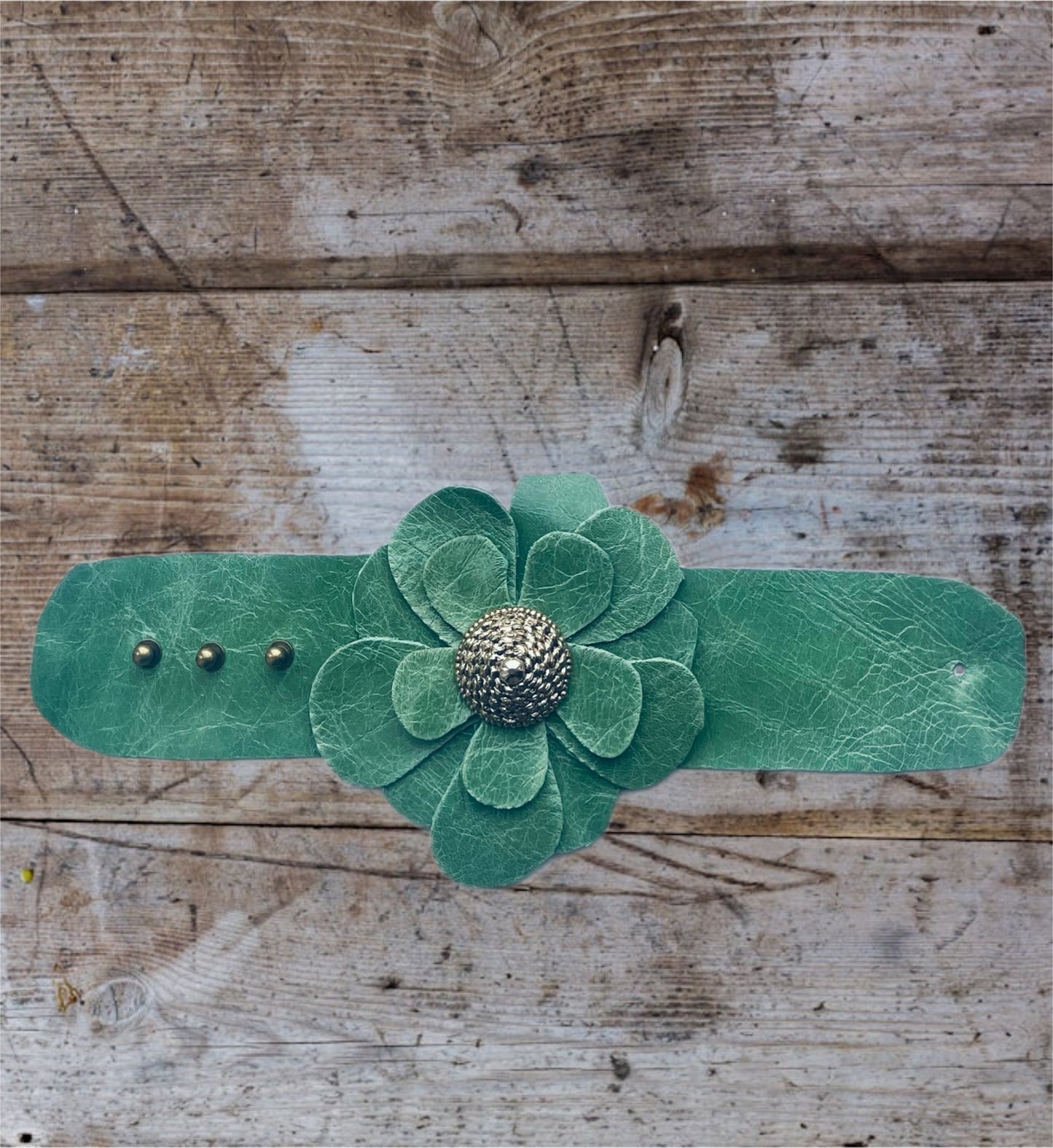 Handcrafted Green Leather Flower statement Cuff Bracelet