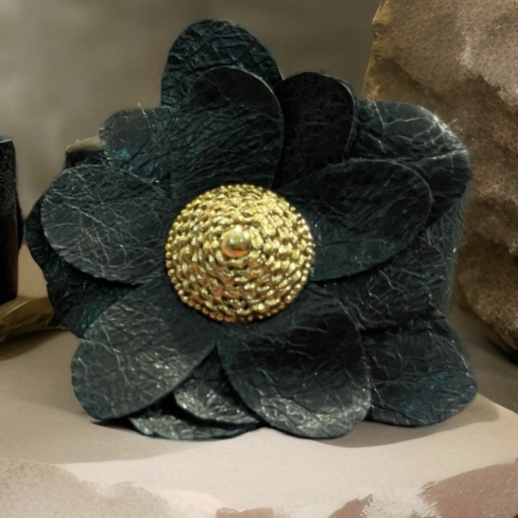 Midnight Bloom: Handcrafted Black Leather Flower Cuff Bracelet