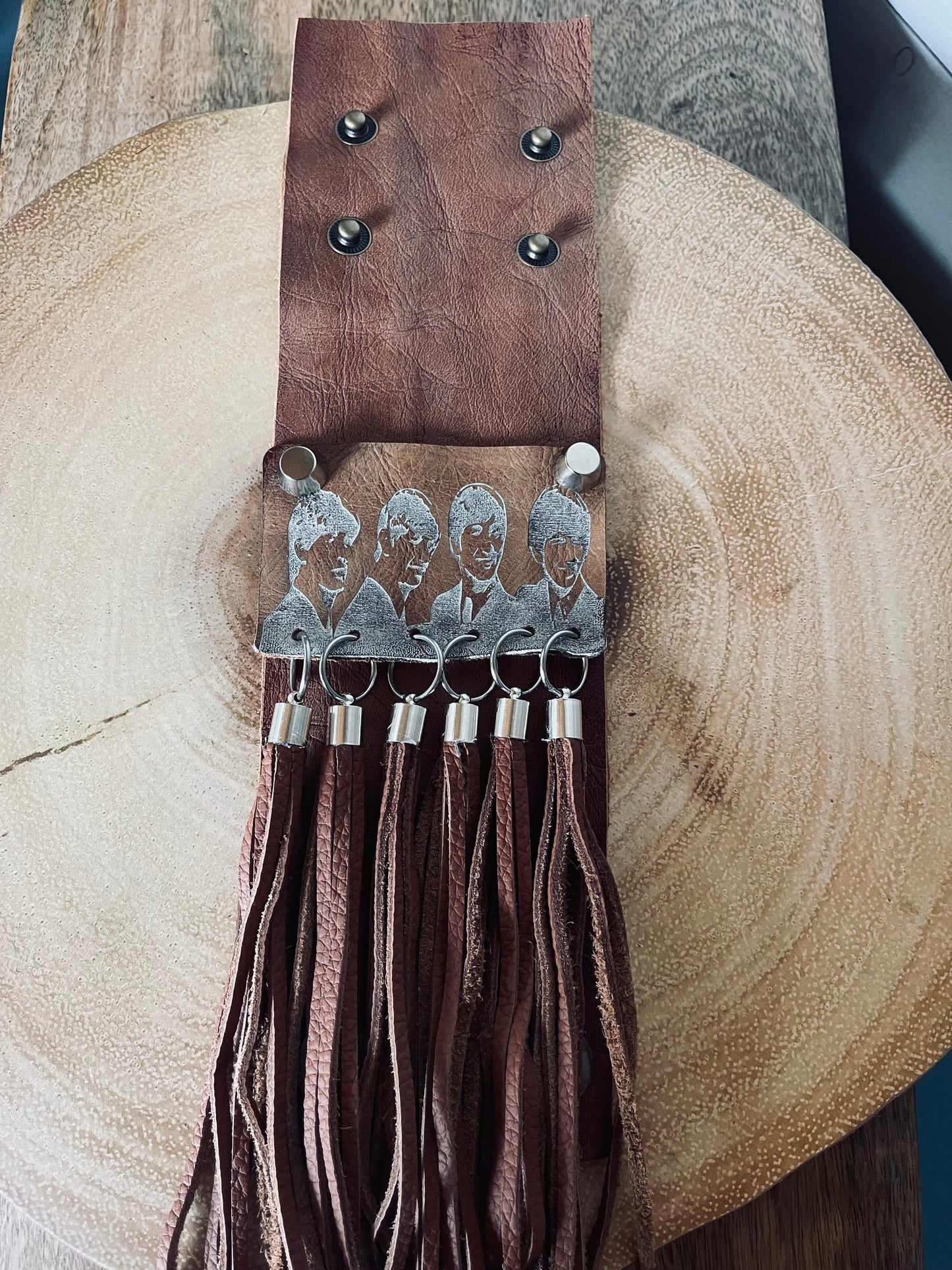 Handmade Leather Cuff Bracelet with Tassels and Handpainted Beatles Engraving