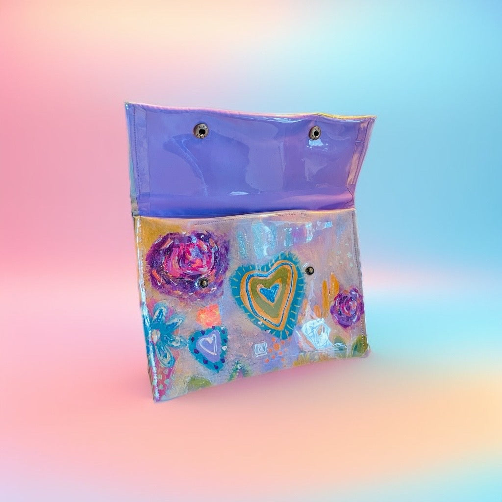 Hand-Painted Pastel Abstract Clutch Bag with Love Hearts and Polka Dots