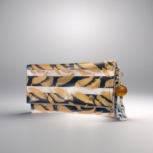 Hand-Painted Black and White Stripe Clutch Bag with Gold Leaves