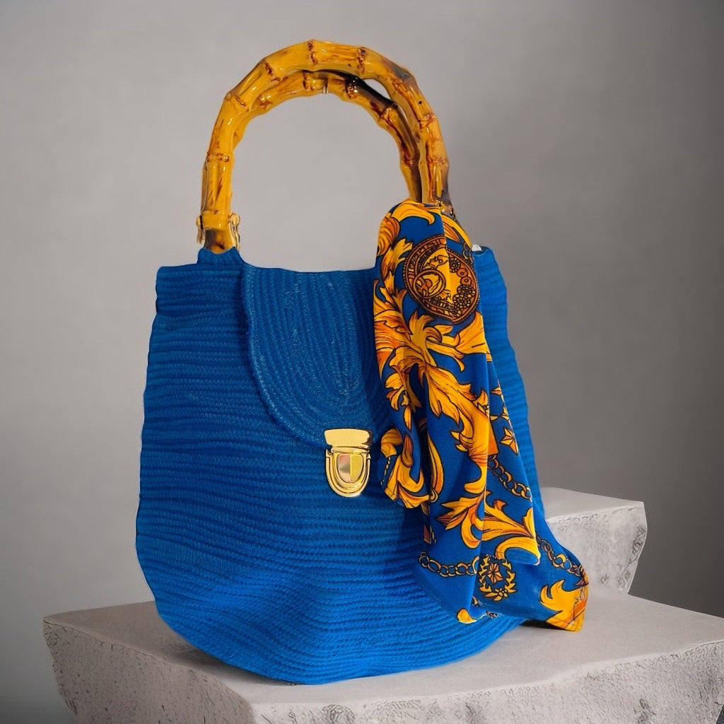 Handmade Blue T-Shirt Yarn Handbag with Bamboo Handles & Paisley Lining