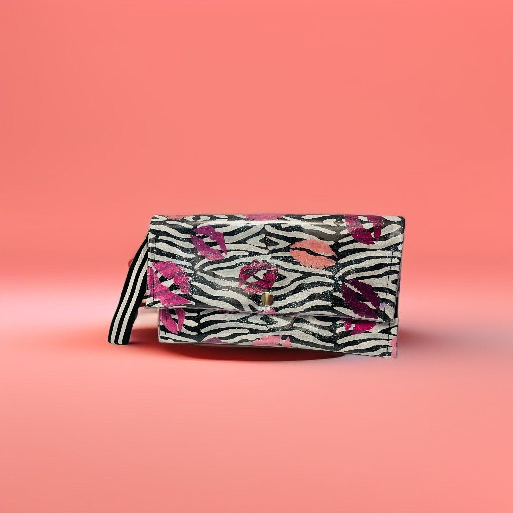 Hand-Painted Zebra Print Clutch Bag with Pink Lips