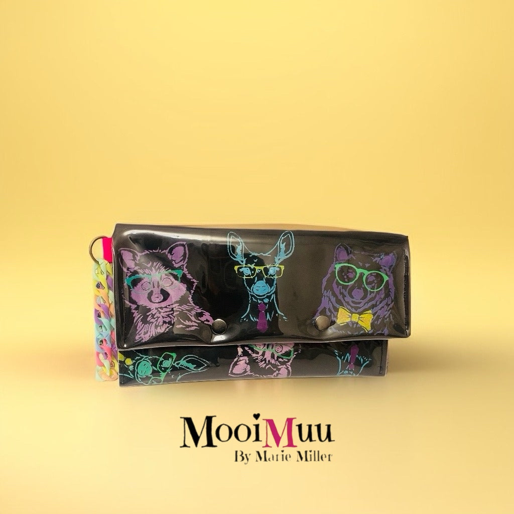 Hand-Painted Black Clutch Bag with Animal Heads in Spectacles