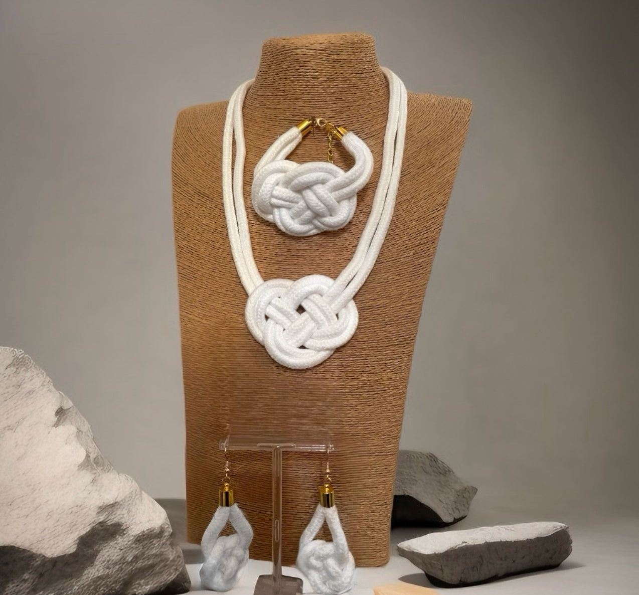 White Macrame Knot Rope Jewellery with Gold Plated Accents